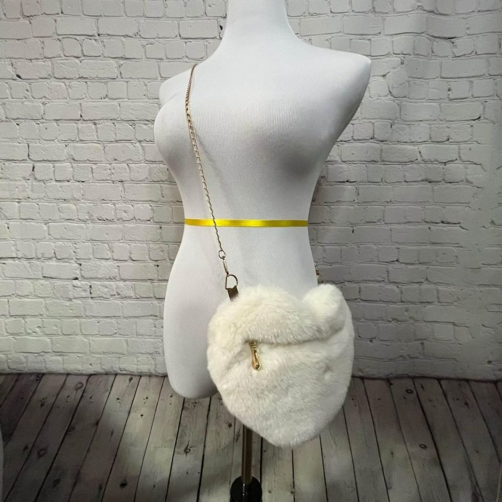 New in Package Fluffy Heart Shaped Chain Crossbody Bag - Cream Color